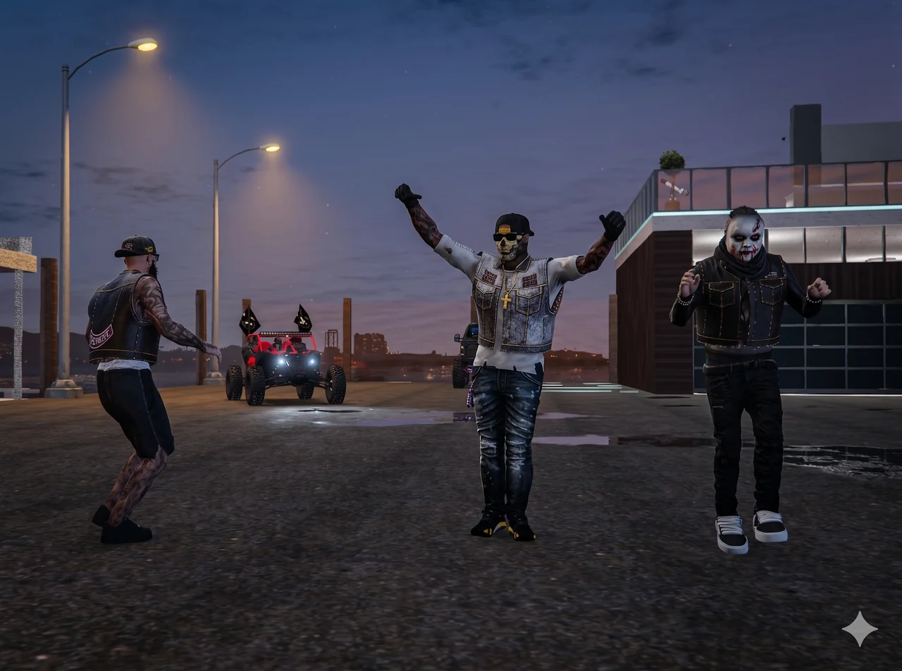 Friends meeting up on a rooftop at dusk