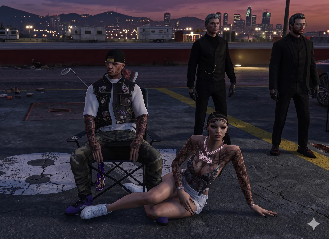 A crew hanging out at the overlook at sunset