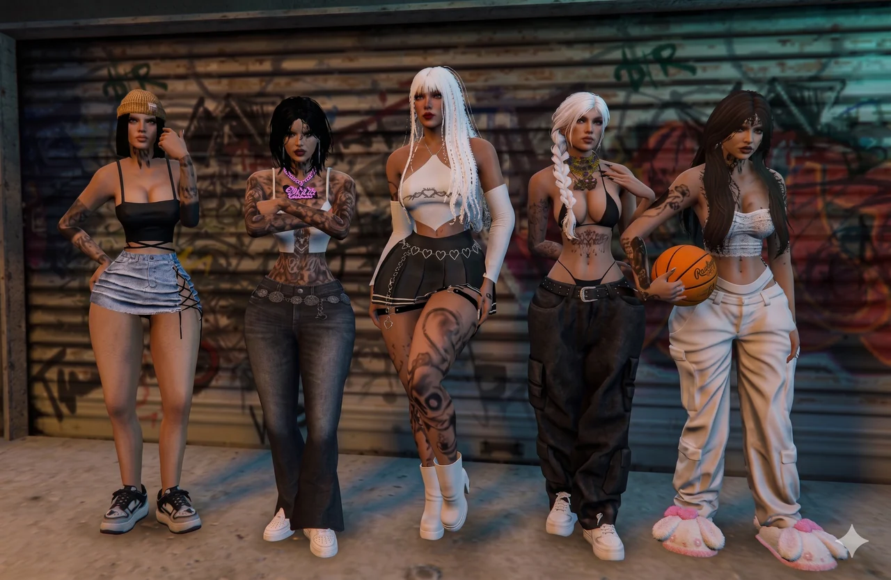 A group posing against a graffiti wall