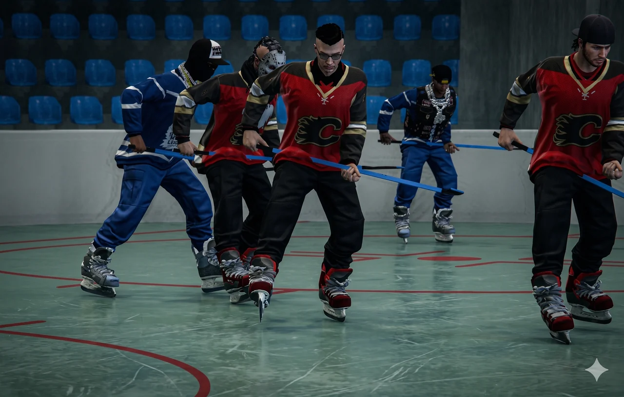 Players in a street hockey game