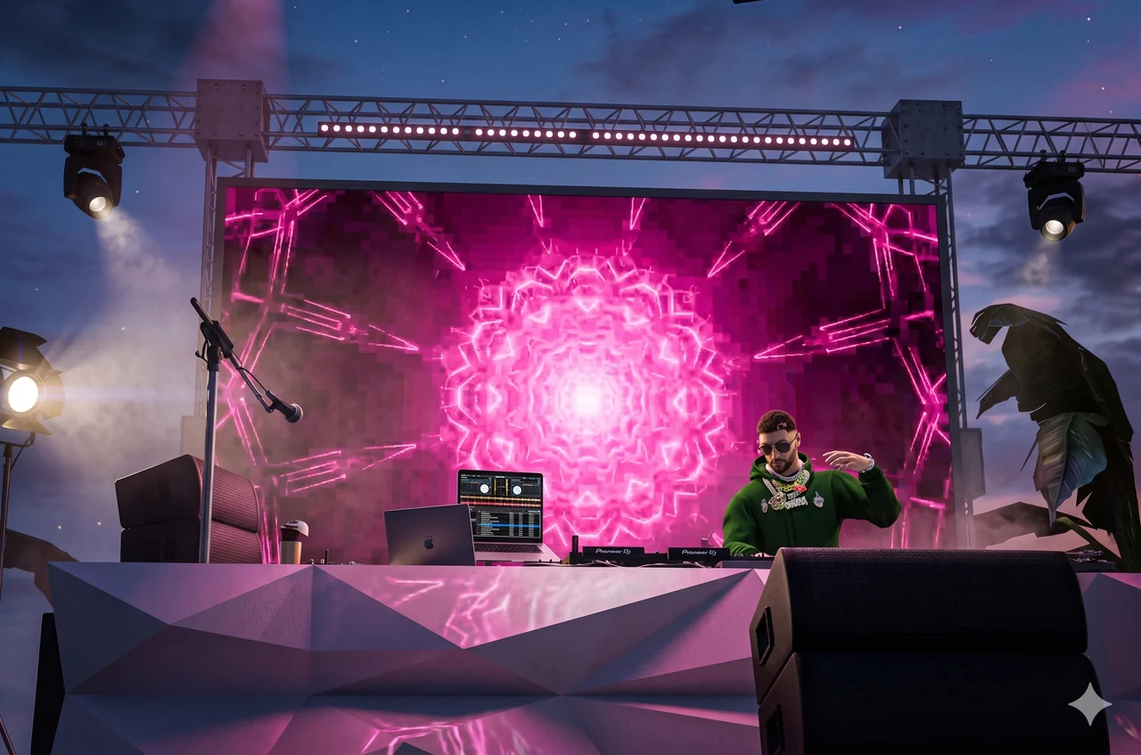 A DJ performing live on a stage with neon visuals