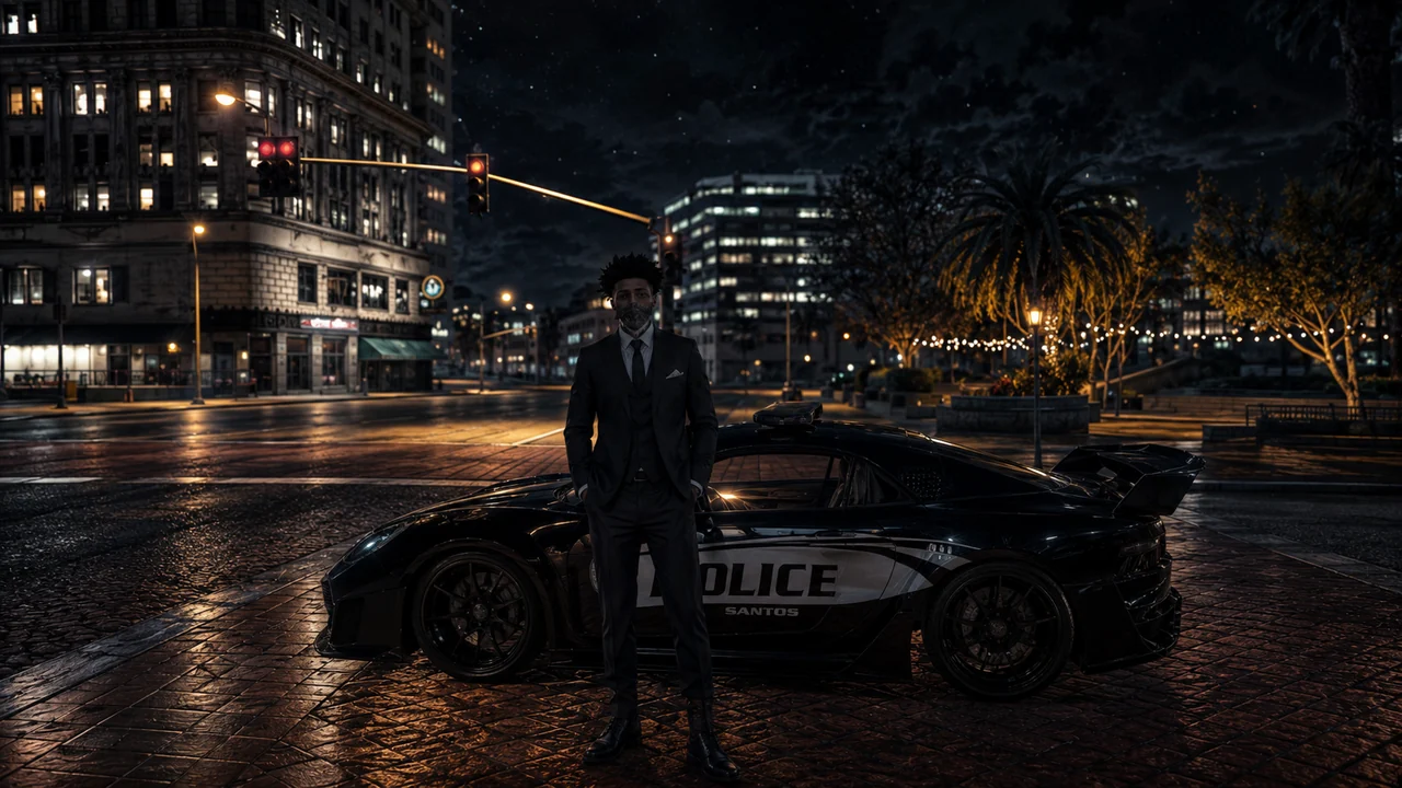A police officer next to a patrol car at night