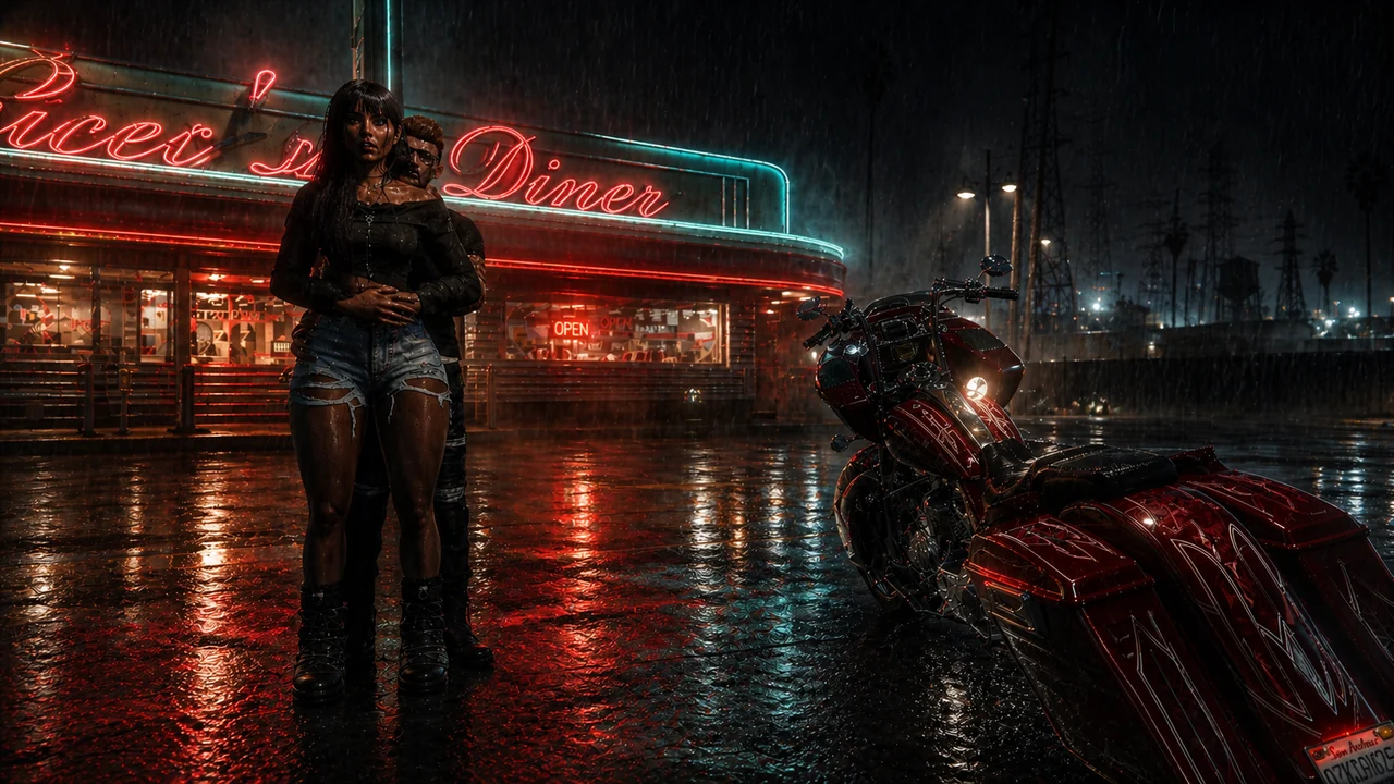Players outside a neon diner at night
