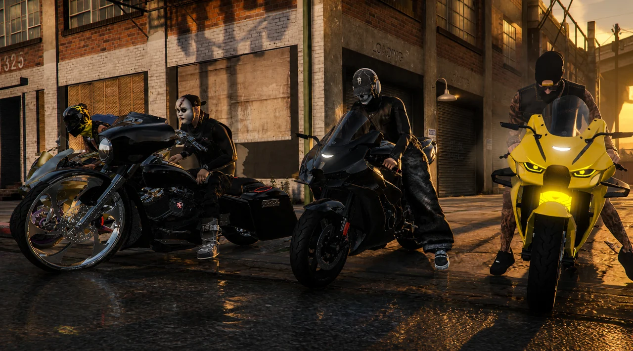 A motorcycle club rolling out together